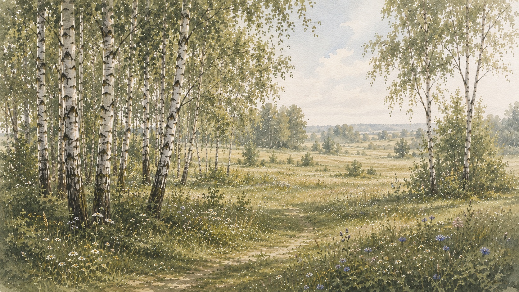 Sunlight passing through a quiet Belarusian birch grove.