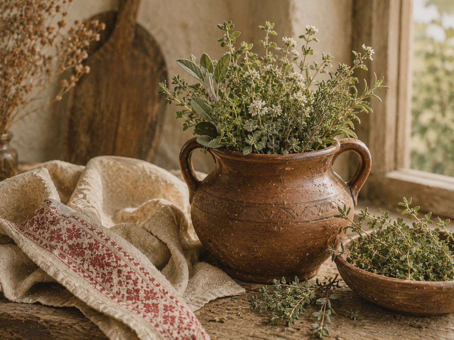 Clay pot and herbs