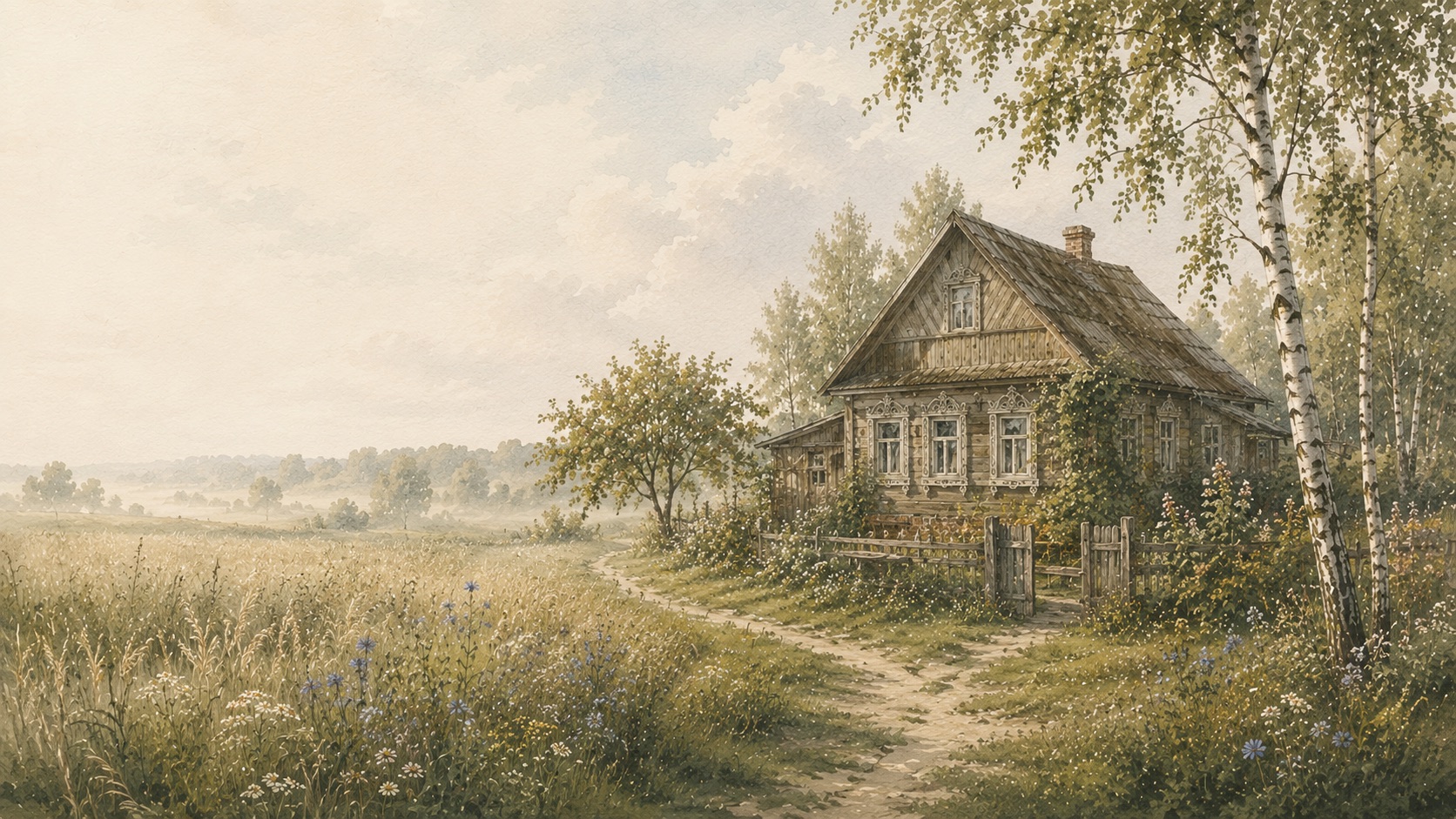 Watercolor view of a traditional wooden farmhouse beside a Belarusian meadow.