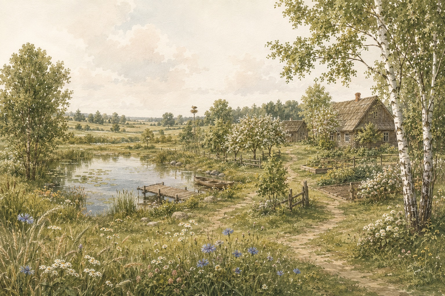 Watercolor panorama of a Belarusian farm with a pond, orchard and wooden house.